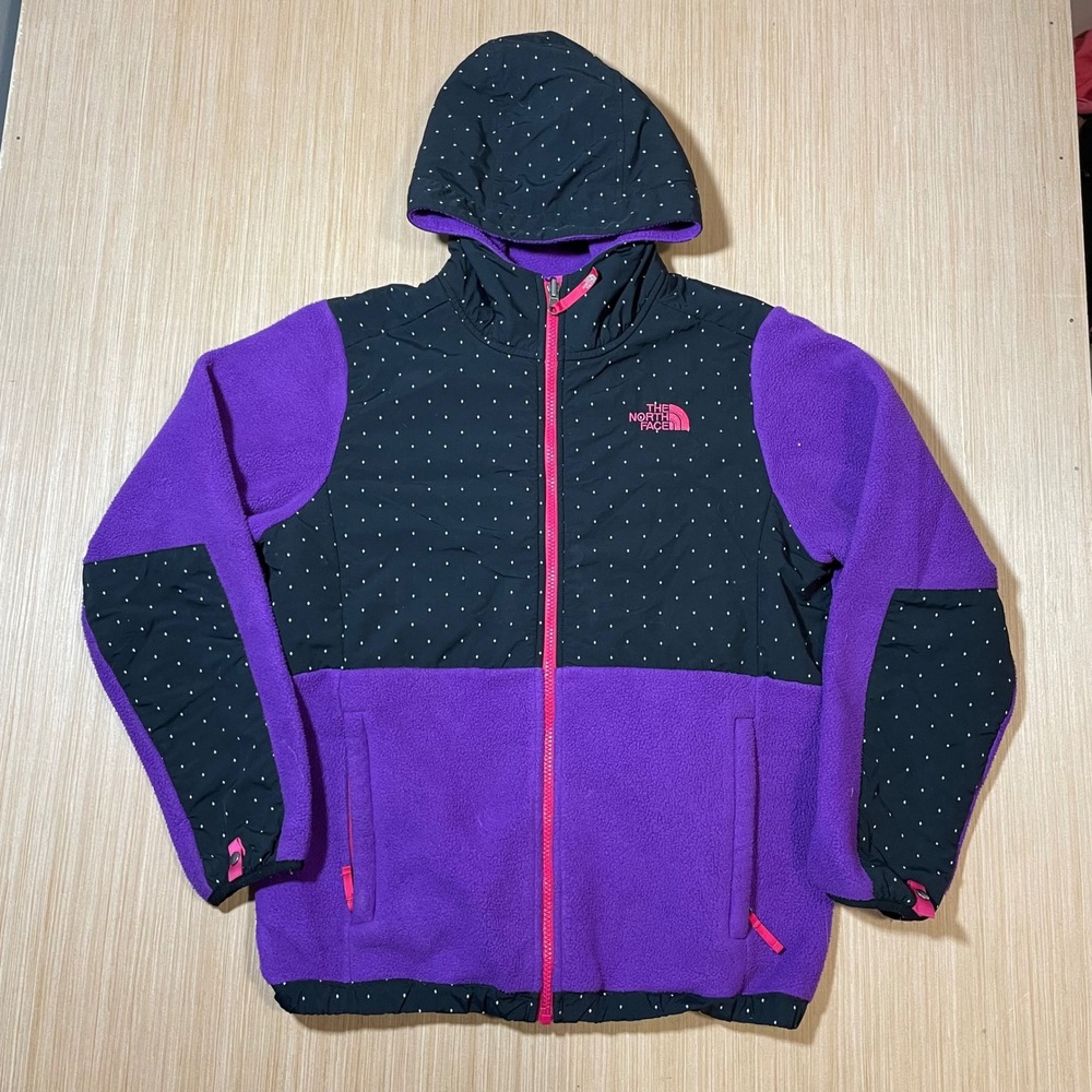The North Face Denali Jacket Women Purple Black Polka Dot Hooded Fleece Full Zip
